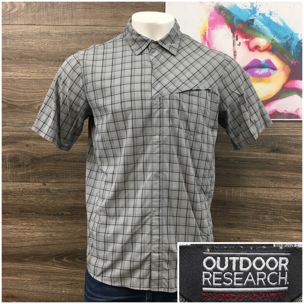 Outdoor Research Mens Astroman Sun Shirt Grey Plaid Short Sleeve Snap Front L